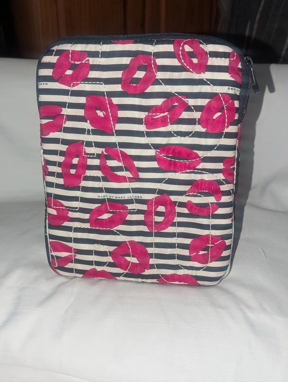 Marc by Marc Jacobs Navy and White Stripe Tech Sleeve with Pink Lip Print